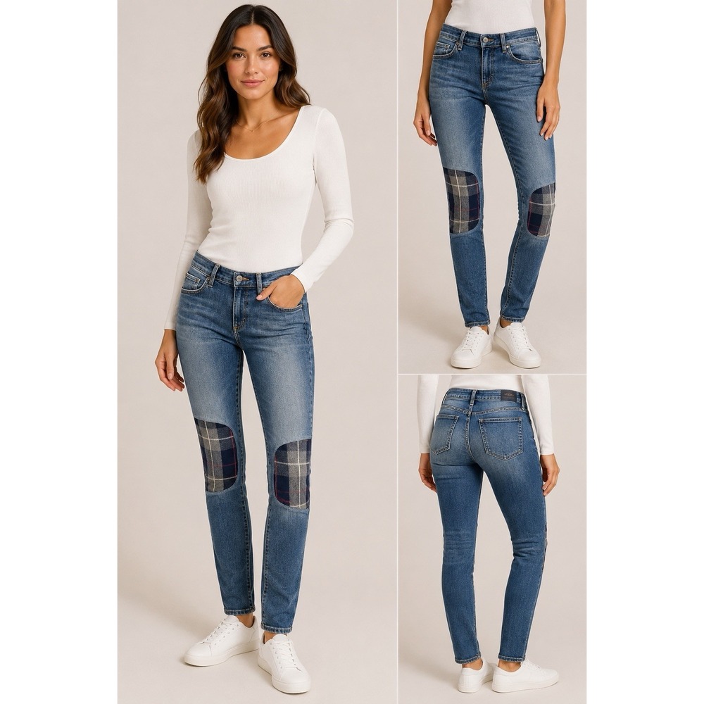 rag & bone Women's Skinny Jeans Plaid Knee Patch Blue Denim Size 27 USA